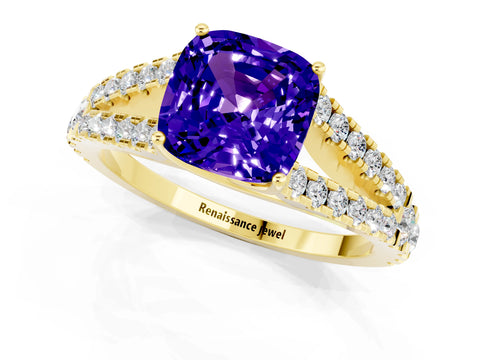 Yellow gold Cushion Cut Tanzanite Split Shank Pavé Engagement Ring with Four-Prong Setting_13