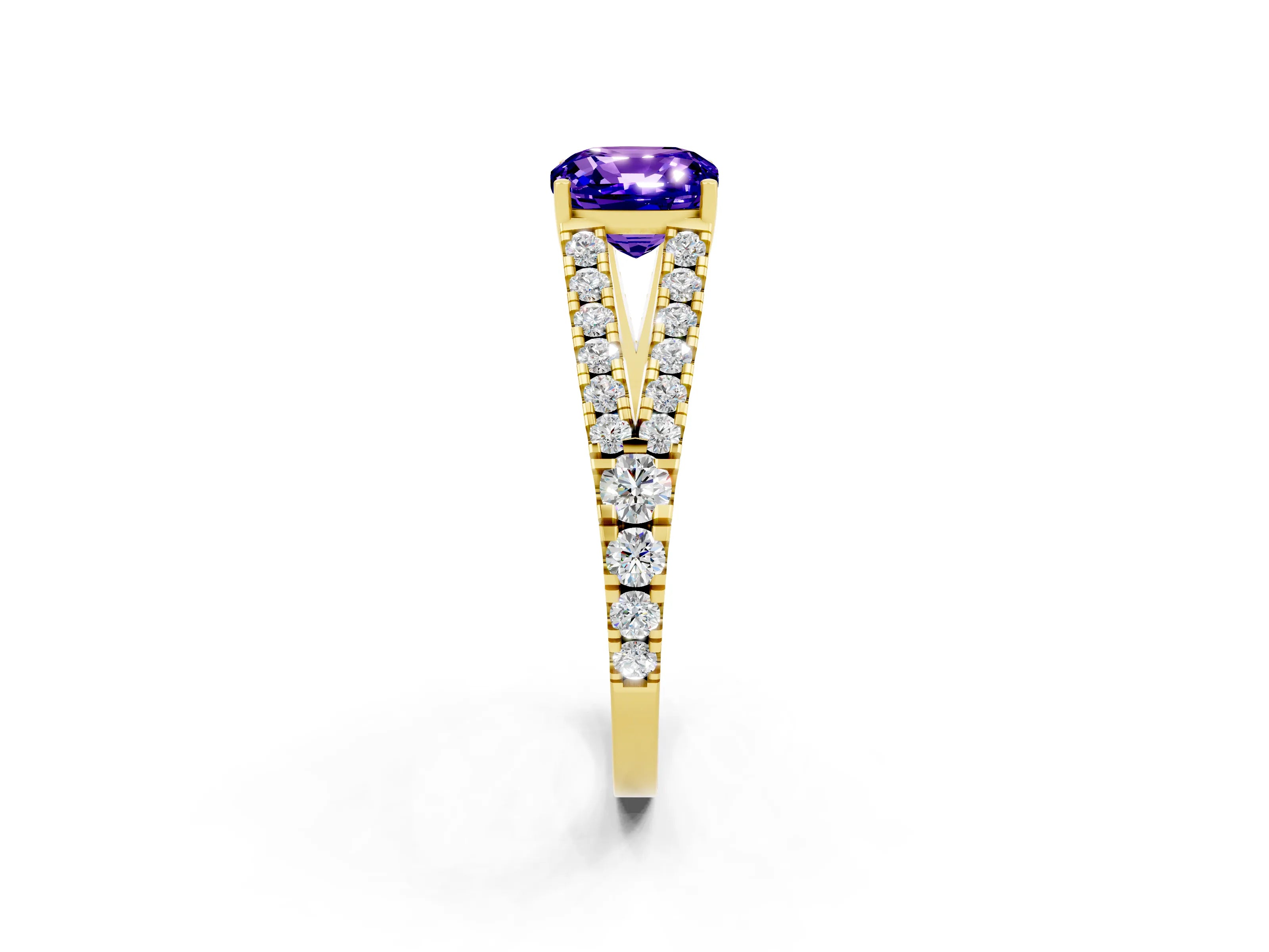 Yellow gold Cushion Cut Tanzanite Split Shank Pavé Engagement Ring with Four-Prong Setting_14