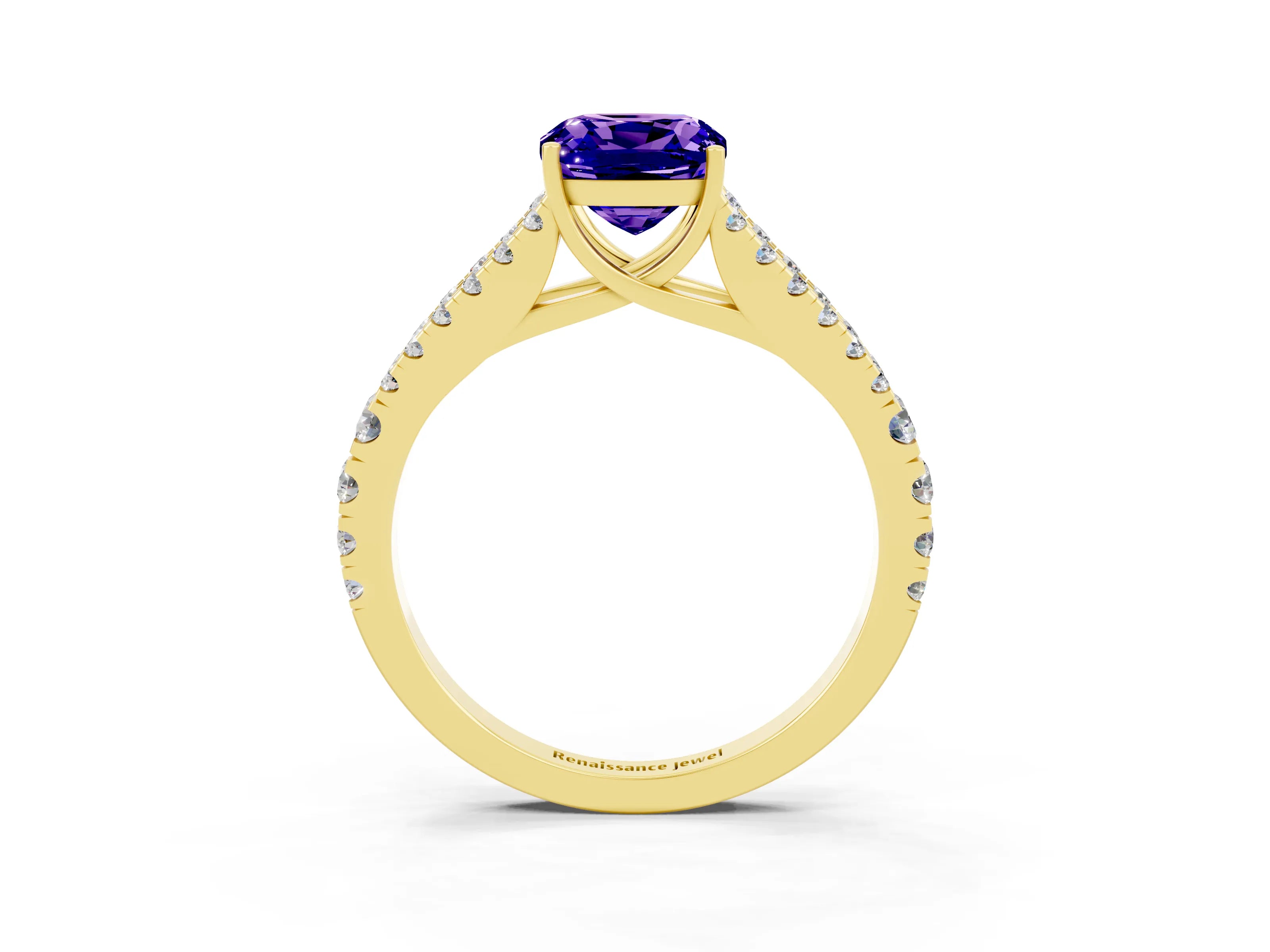 Yellow gold Cushion Cut Tanzanite Split Shank Pavé Engagement Ring with Four-Prong Setting_15
