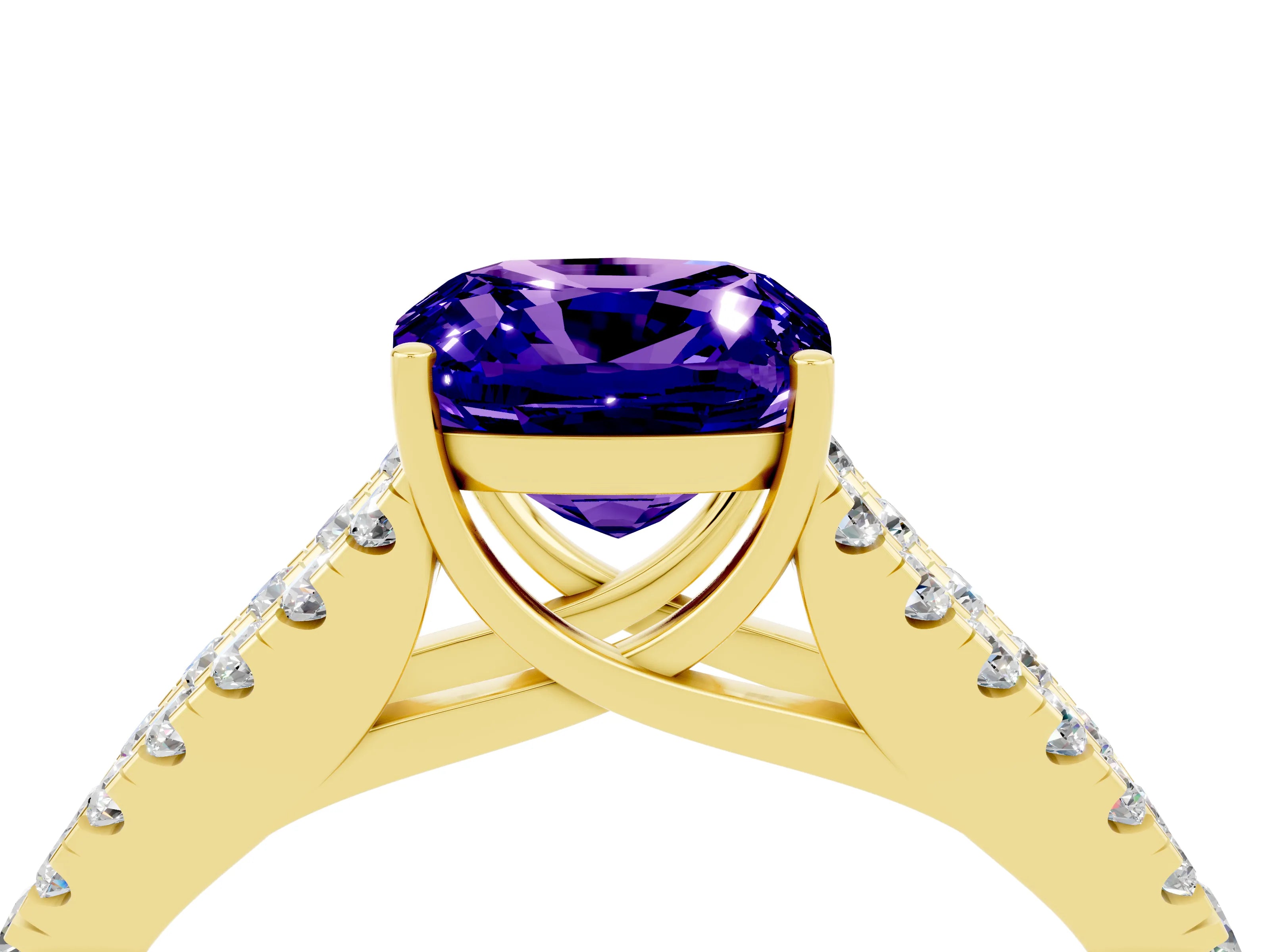 Yellow gold Cushion Cut Tanzanite Split Shank Pavé Engagement Ring with Four-Prong Setting_16
