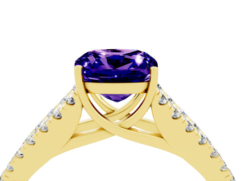 Yellow gold Cushion Cut Tanzanite Split Shank Pavé Engagement Ring with Four-Prong Setting_16