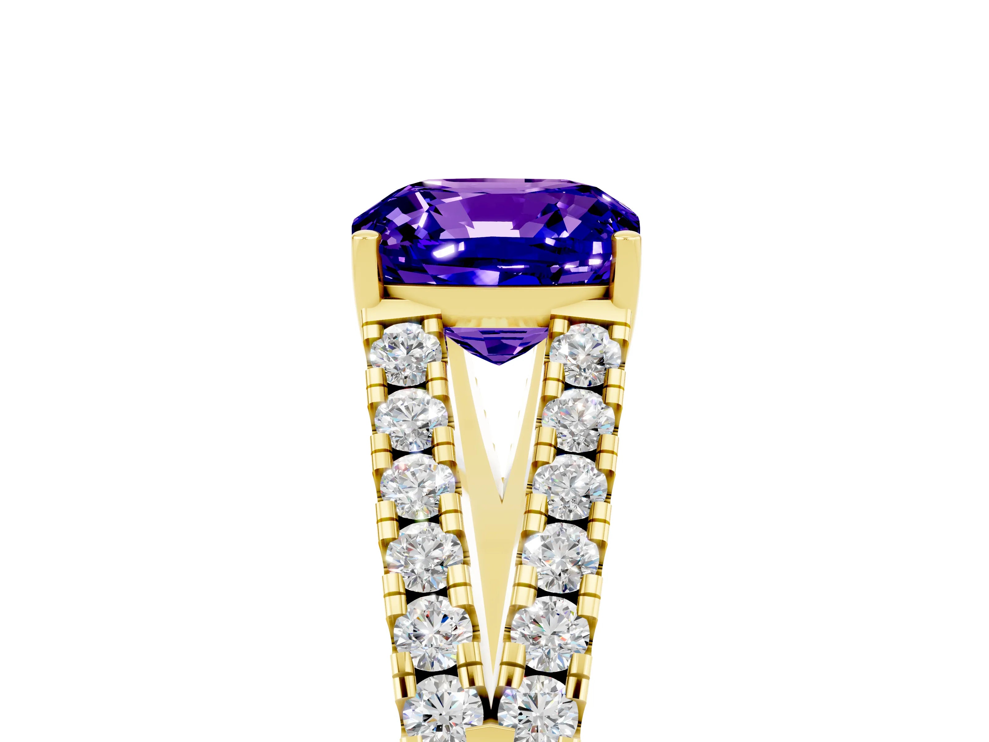 Yellow gold Cushion Cut Tanzanite Split Shank Pavé Engagement Ring with Four-Prong Setting_17
