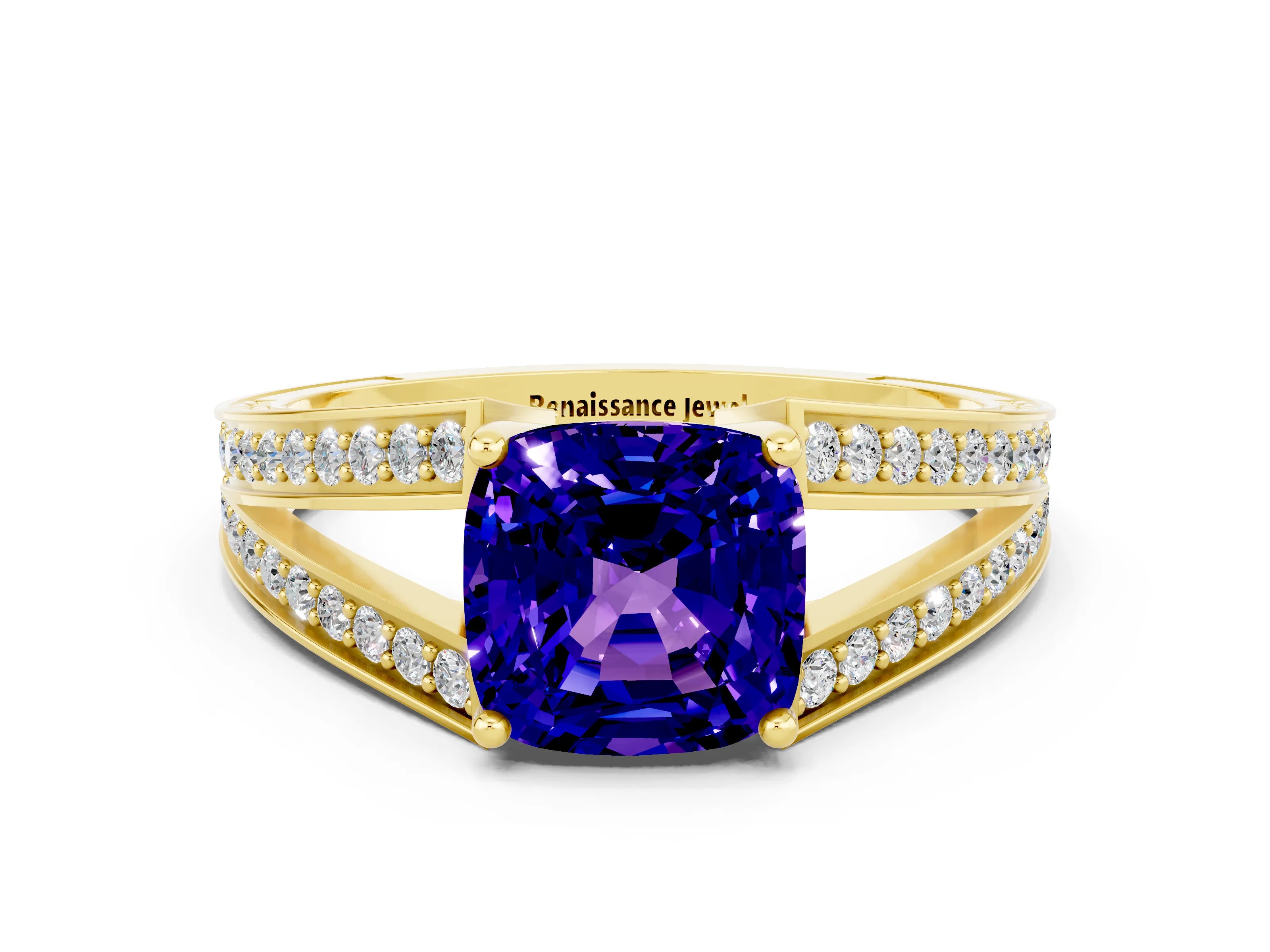 Yellow gold Cushion Cut Tanzanite Split Shank Ring with Pavé Band and Four-Prong Setting