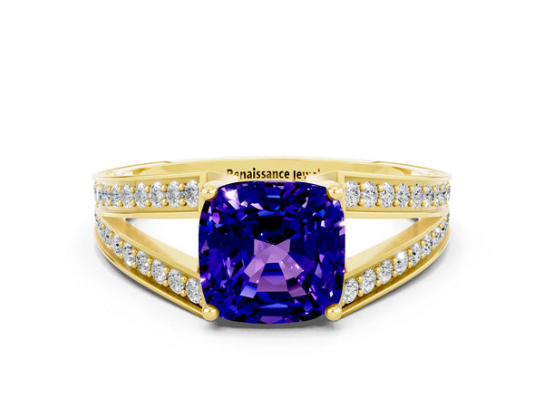 Yellow gold Cushion Cut Tanzanite Split Shank Ring with Pavé Band and Four-Prong Setting