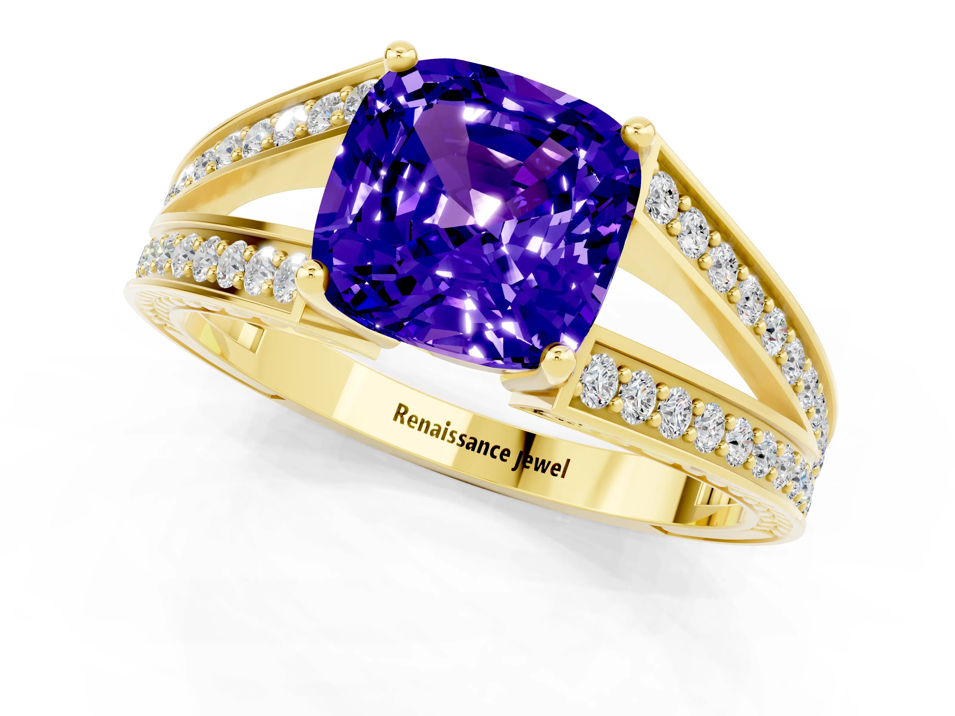 Yellow gold Cushion Cut Tanzanite Split Shank Ring with Pavé Band and Four-Prong Setting_1