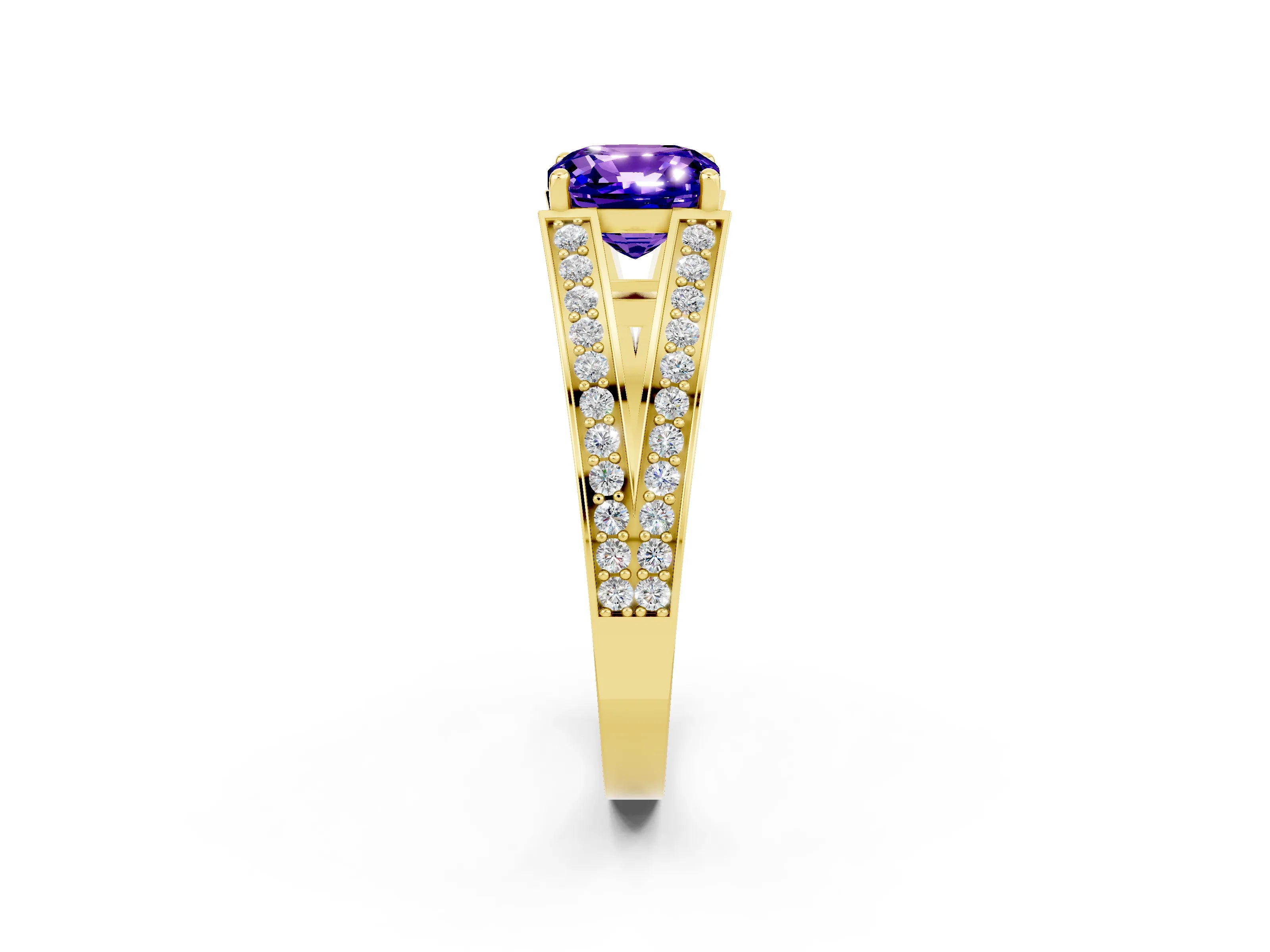 Yellow gold Cushion Cut Tanzanite Split Shank Ring with Pavé Band and Four-Prong Setting_2