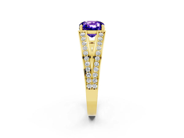 Yellow gold Cushion Cut Tanzanite Split Shank Ring with Pavé Band and Four-Prong Setting