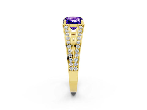Yellow gold Cushion Cut Tanzanite Split Shank Ring with Pavé Band and Four-Prong Setting_2