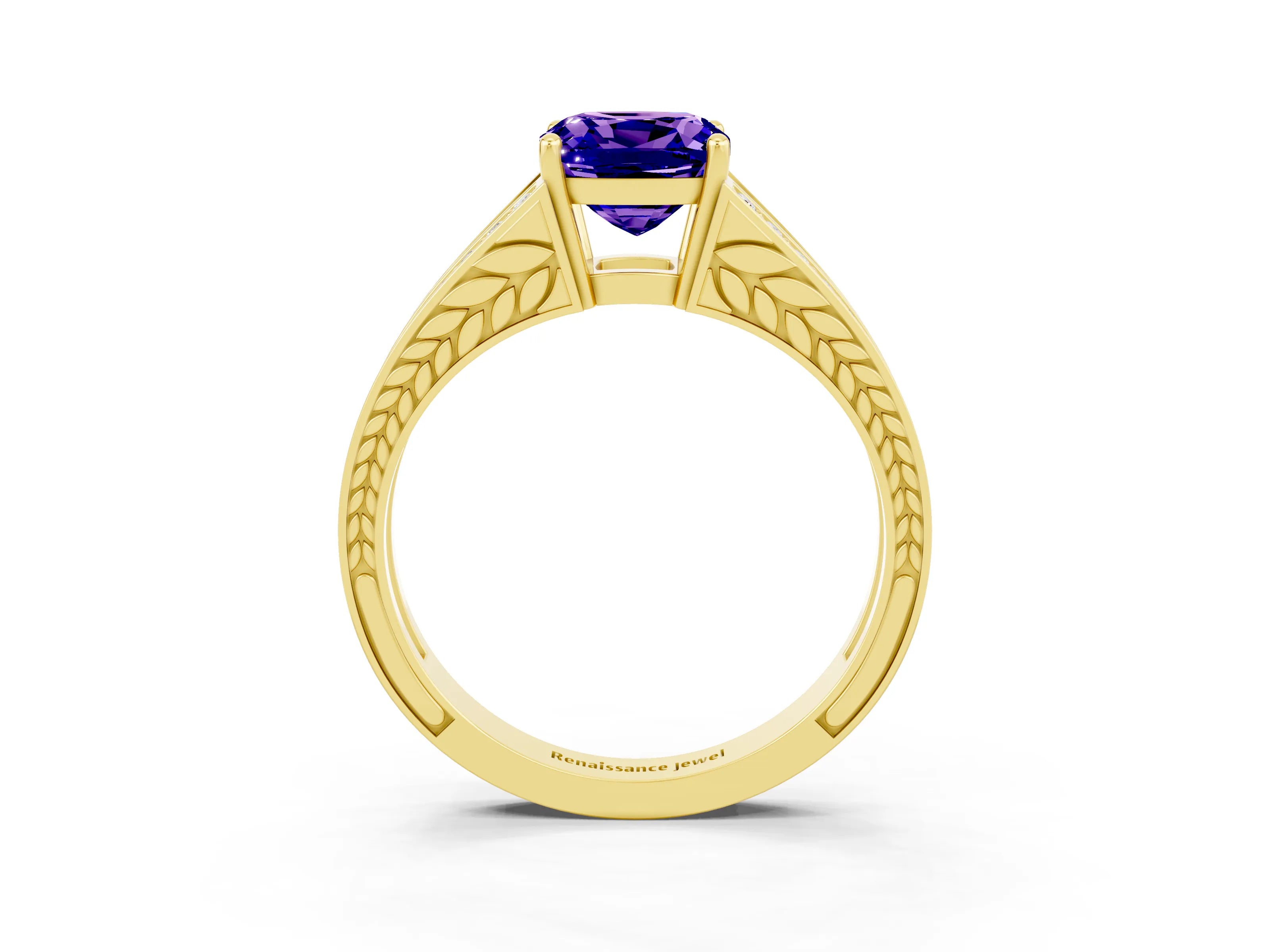 Yellow gold Cushion Cut Tanzanite Split Shank Ring with Pavé Band and Four-Prong Setting_3
