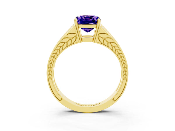 Yellow gold Cushion Cut Tanzanite Split Shank Ring with Pavé Band and Four-Prong Setting