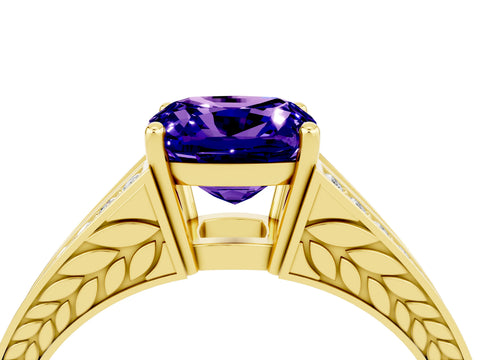 Yellow gold Cushion Cut Tanzanite Split Shank Ring with Pavé Band and Four-Prong Setting_4