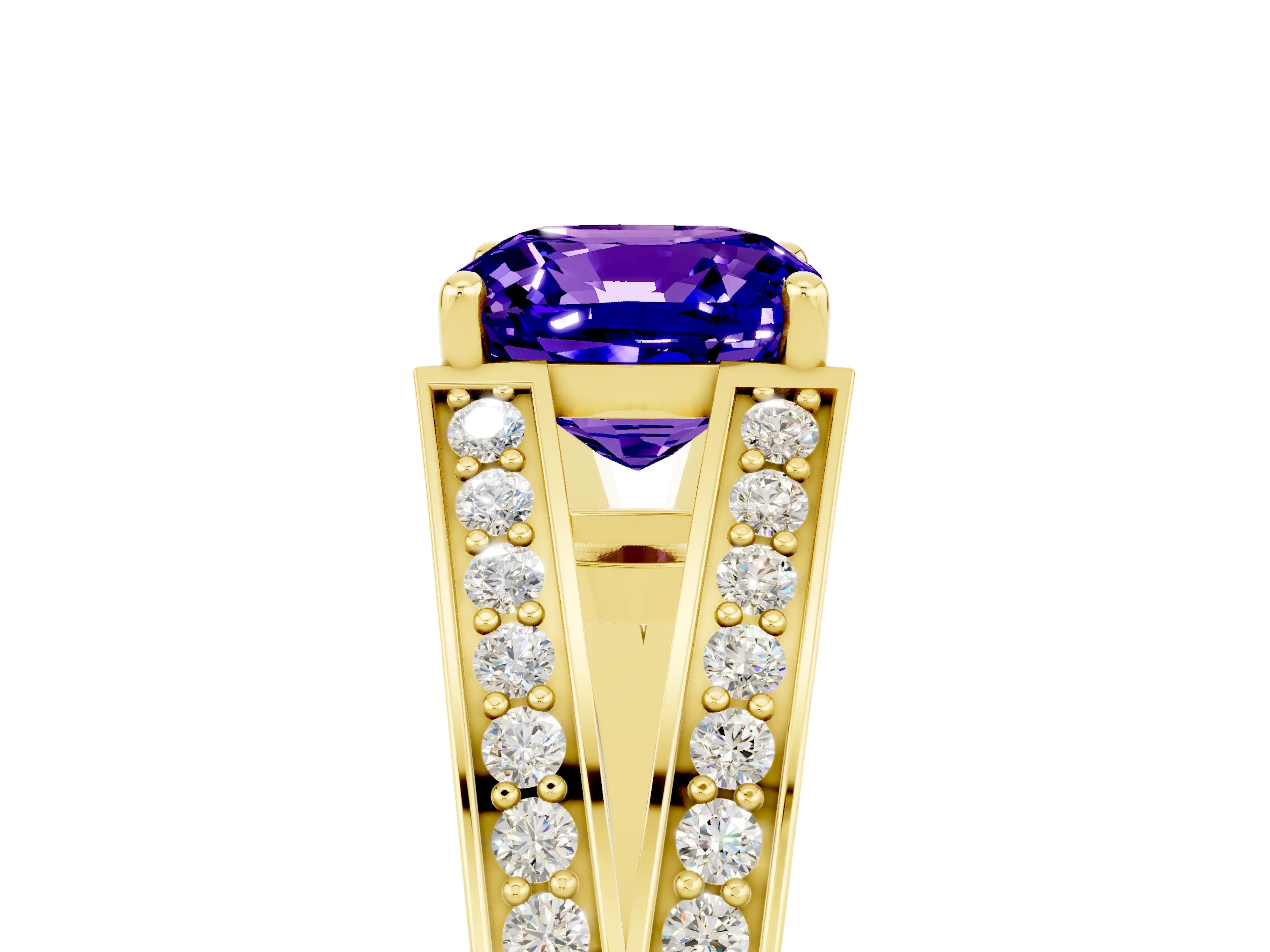 Yellow gold Cushion Cut Tanzanite Split Shank Ring with Pavé Band and Four-Prong Setting_5