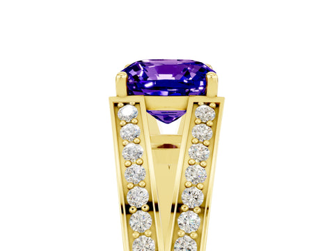 Yellow gold Cushion Cut Tanzanite Split Shank Ring with Pavé Band and Four-Prong Setting_5