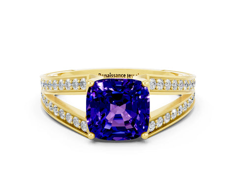 Yellow gold Cushion Cut Tanzanite Split Shank Ring with Pavé Band and Four-Prong Setting