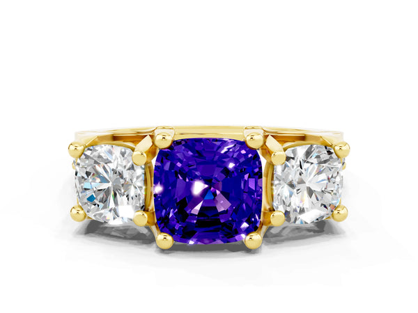 Yellow gold Cushion Cut Tanzanite Three-Stone Ring with Channel Set Band and Four-Prong Setting