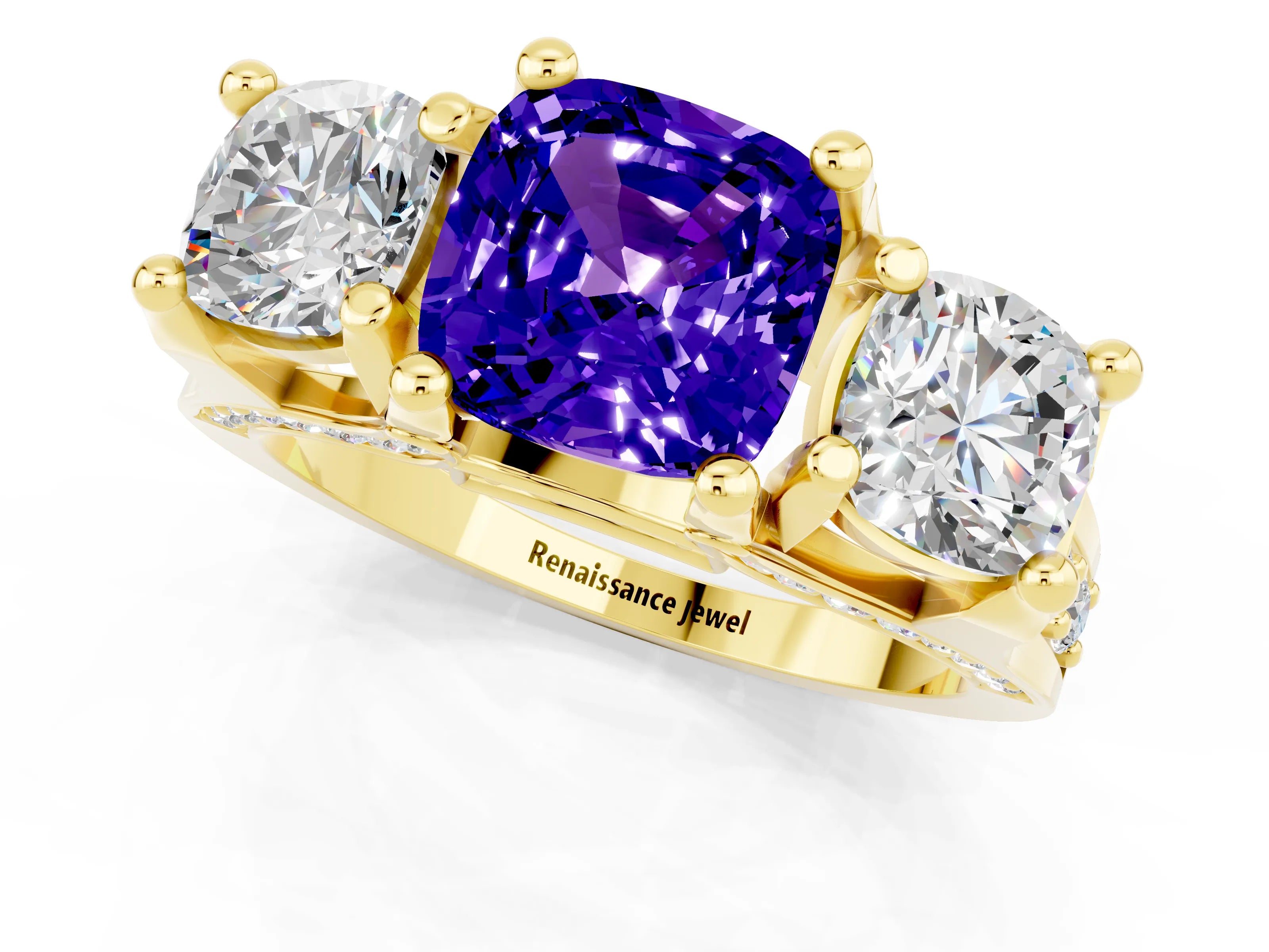 Yellow gold Cushion Cut Tanzanite Three-Stone Ring with Channel Set Band and Four-Prong Setting_1