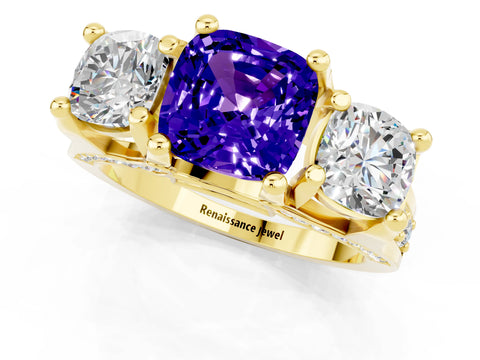Yellow gold Cushion Cut Tanzanite Three-Stone Ring with Channel Set Band and Four-Prong Setting_1
