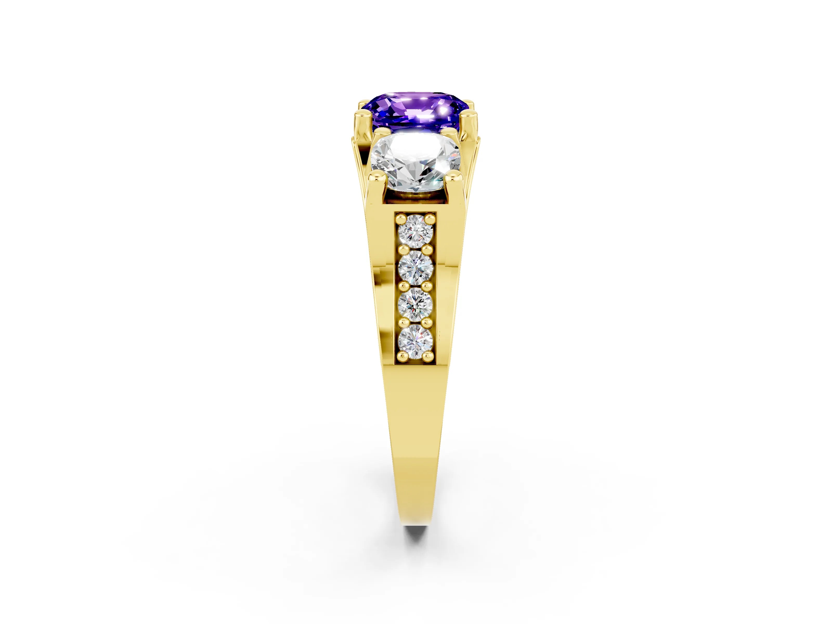 Yellow gold Cushion Cut Tanzanite Three-Stone Ring with Channel Set Band and Four-Prong Setting_2