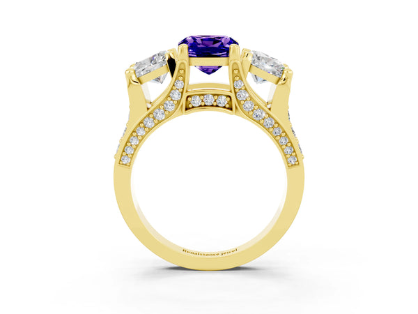 Yellow gold Cushion Cut Tanzanite Three-Stone Ring with Channel Set Band and Four-Prong Setting