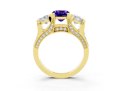 Yellow gold Cushion Cut Tanzanite Three-Stone Ring with Channel Set Band and Four-Prong Setting_3