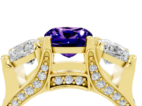 Yellow gold Cushion Cut Tanzanite Three-Stone Ring with Channel Set Band and Four-Prong Setting_4
