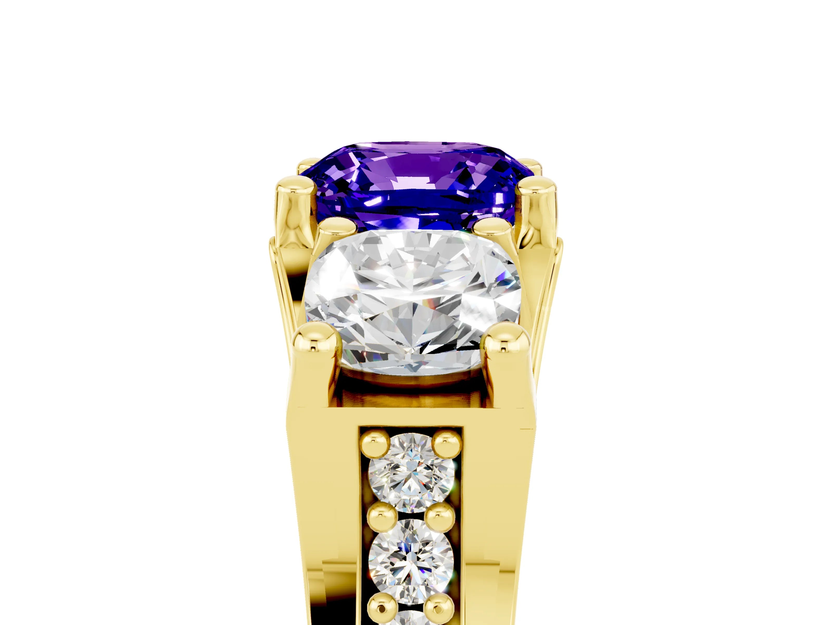 Yellow gold Cushion Cut Tanzanite Three-Stone Ring with Channel Set Band and Four-Prong Setting_5
