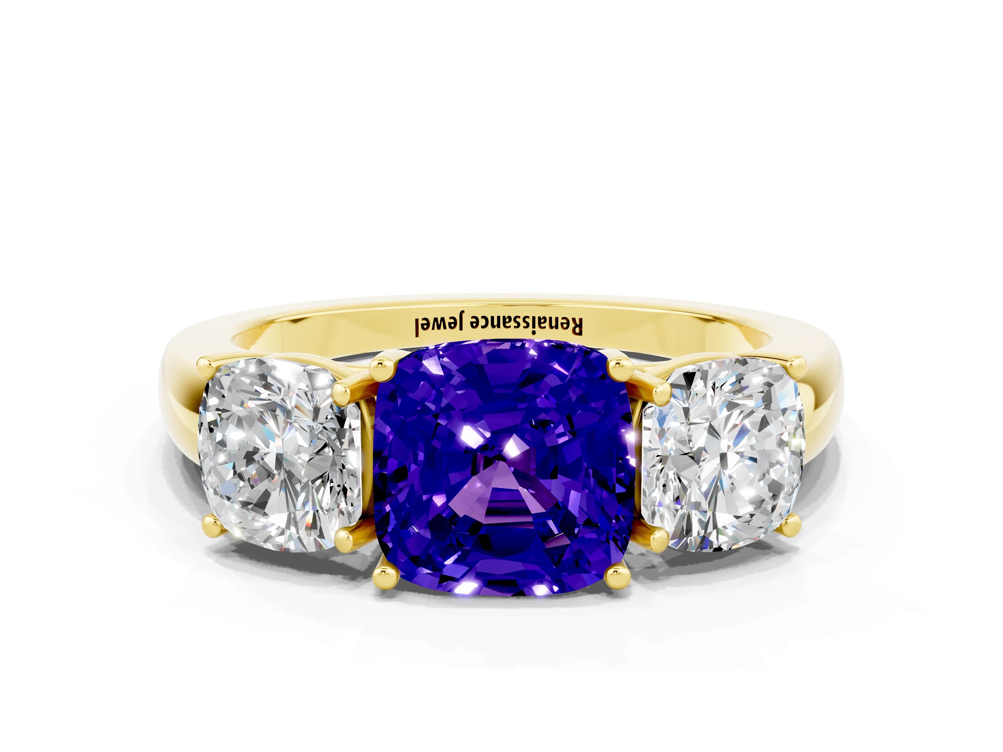 Yellow gold Cushion Cut Tanzanite Three-Stone Ring with Four-Prong Setting and Classic Band