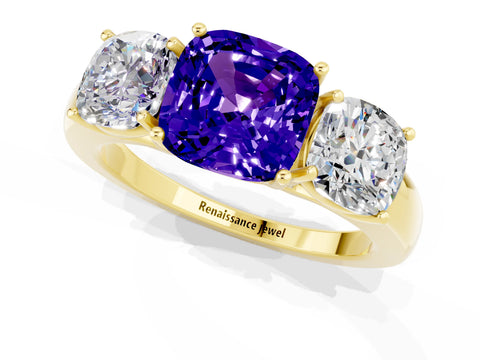 Yellow gold Cushion Cut Tanzanite Three-Stone Ring with Four-Prong Setting and Classic Band_1