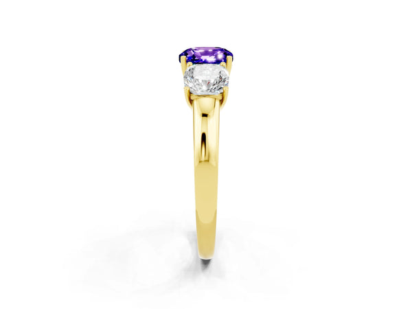 Yellow gold Cushion Cut Tanzanite Three-Stone Ring with Four-Prong Setting and Classic Band