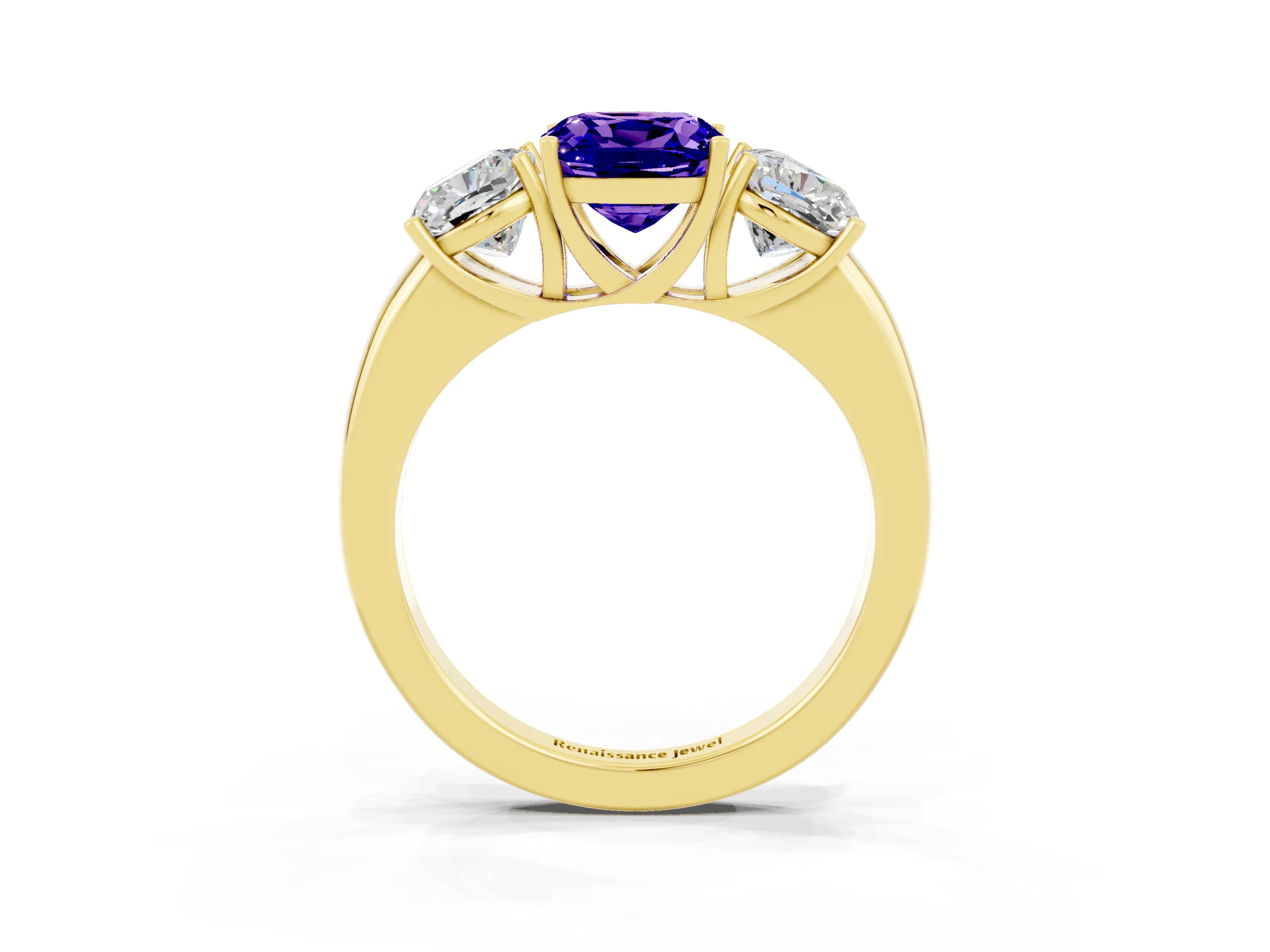 Yellow gold Cushion Cut Tanzanite Three-Stone Ring with Four-Prong Setting and Classic Band_3