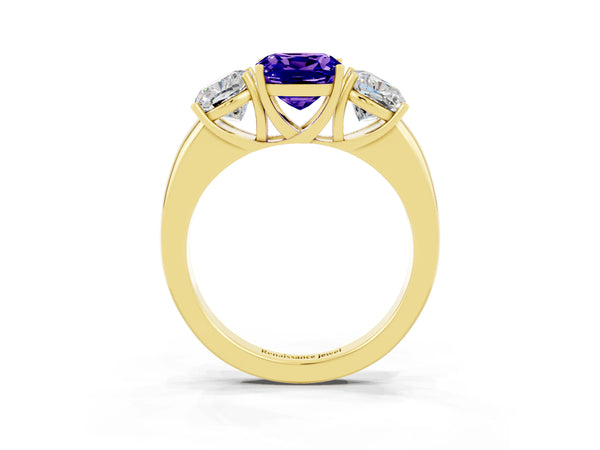 Yellow gold Cushion Cut Tanzanite Three-Stone Ring with Four-Prong Setting and Classic Band