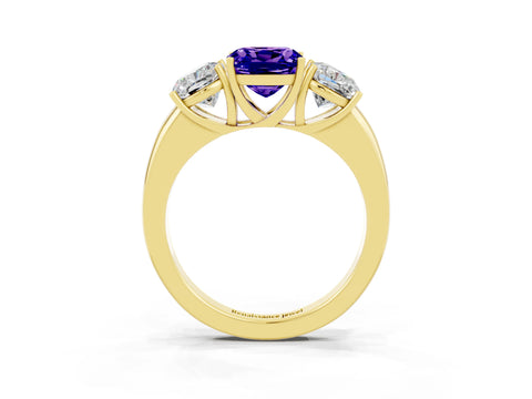 Yellow gold Cushion Cut Tanzanite Three-Stone Ring with Four-Prong Setting and Classic Band_3