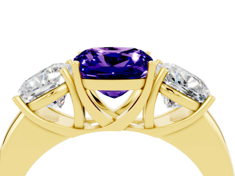 Yellow gold Cushion Cut Tanzanite Three-Stone Ring with Four-Prong Setting and Classic Band_4