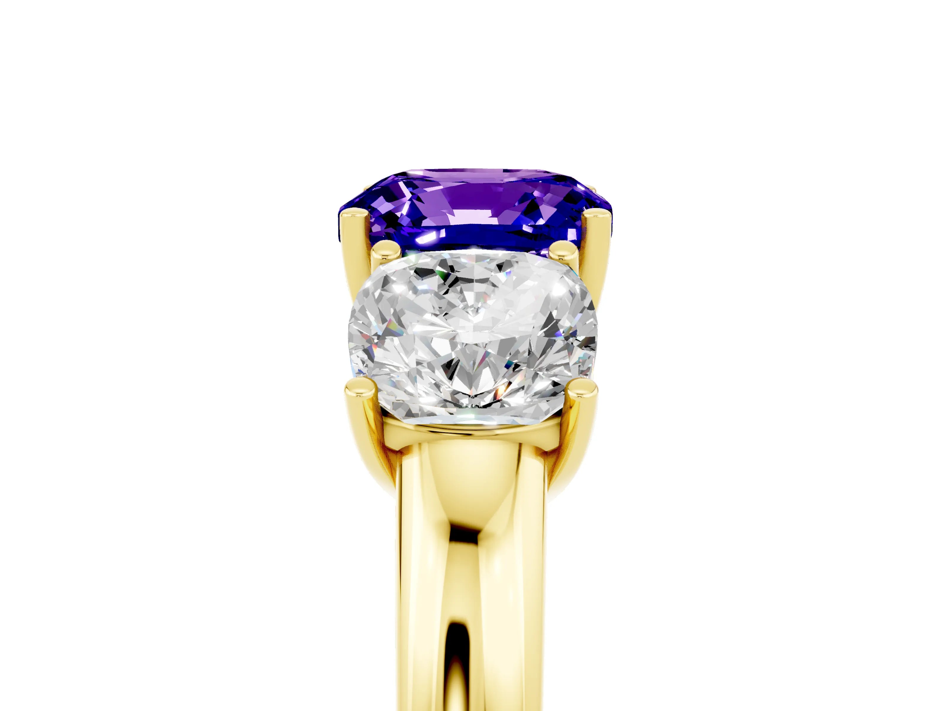 Yellow gold Cushion Cut Tanzanite Three-Stone Ring with Four-Prong Setting and Classic Band_5