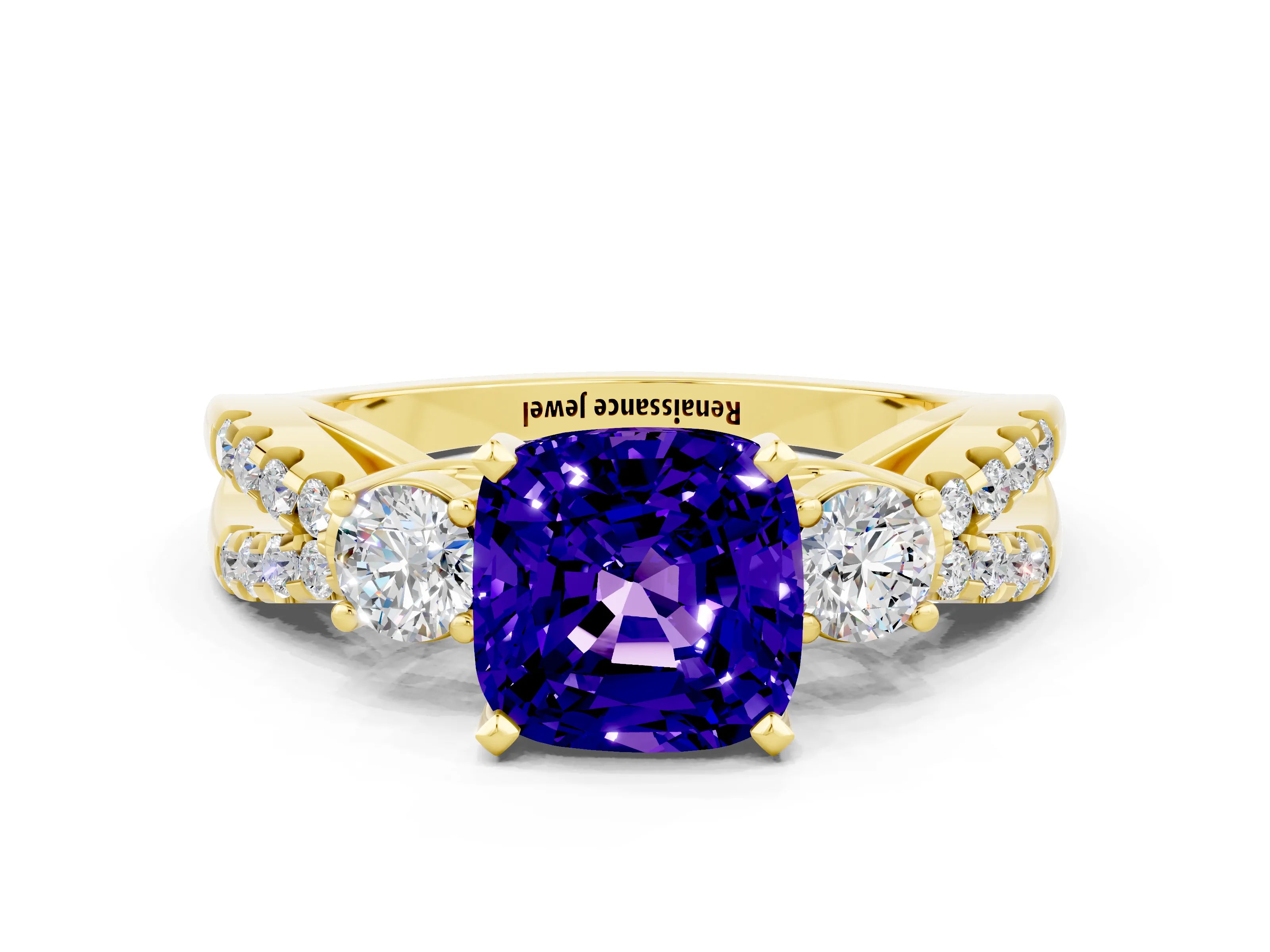Yellow gold Cushion Cut Tanzanite Three-Stone Ring with Pavé Split Shank and Four-Prong Setting_12