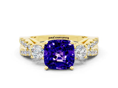Yellow gold Cushion Cut Tanzanite Three-Stone Ring with Pavé Split Shank and Four-Prong Setting_12