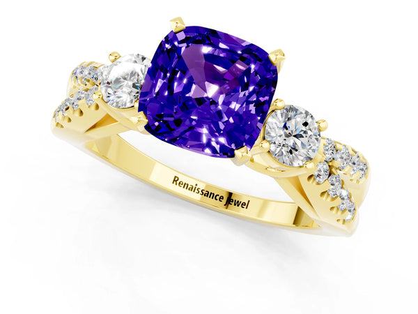 Yellow gold Cushion Cut Tanzanite Three-Stone Ring with Pavé Split Shank and Four-Prong Setting