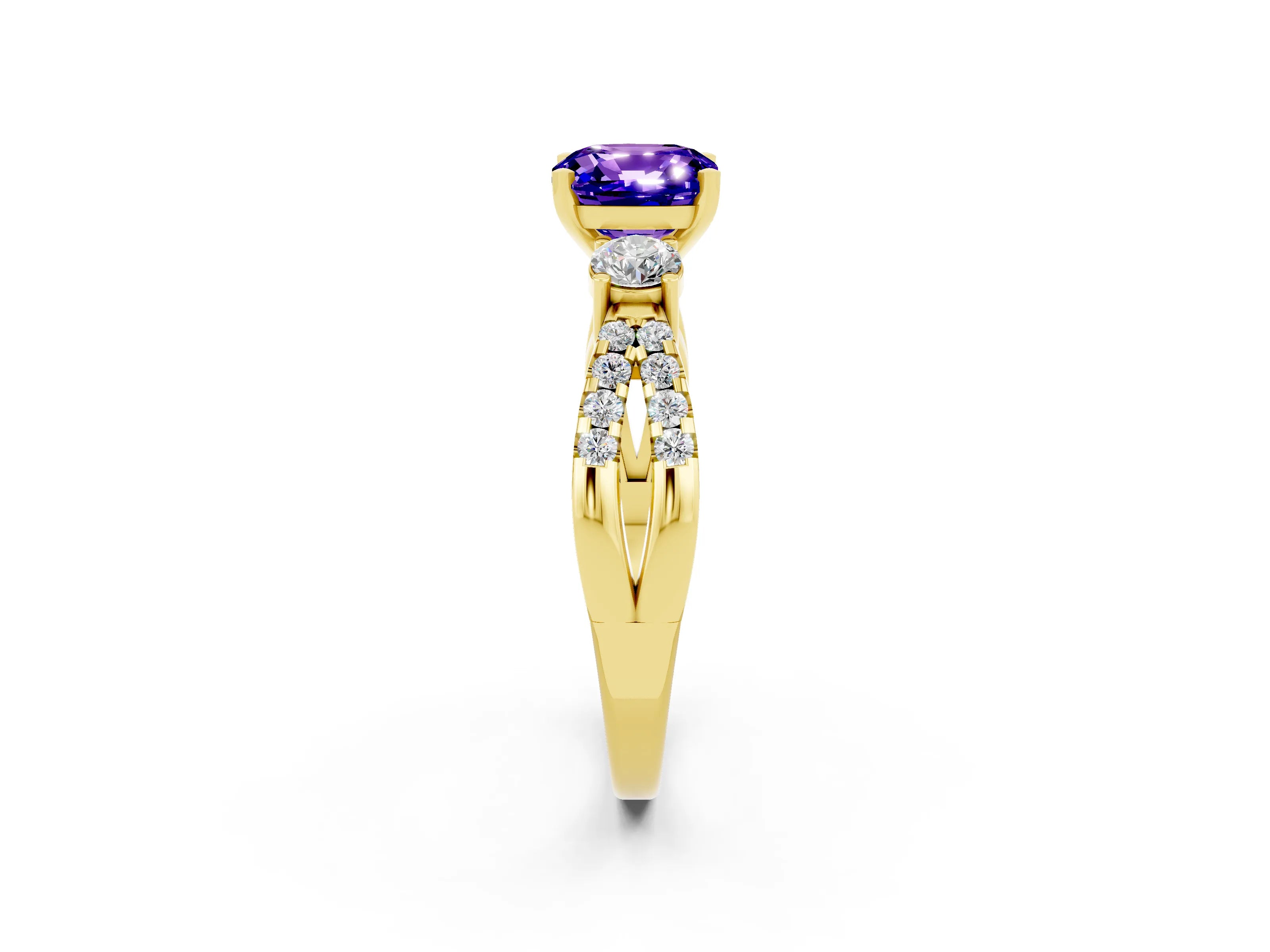 Yellow gold Cushion Cut Tanzanite Three-Stone Ring with Pavé Split Shank and Four-Prong Setting_14
