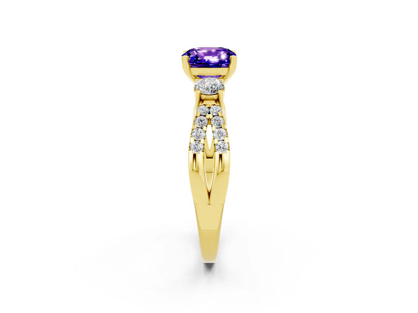 Yellow gold Cushion Cut Tanzanite Three-Stone Ring with Pavé Split Shank and Four-Prong Setting