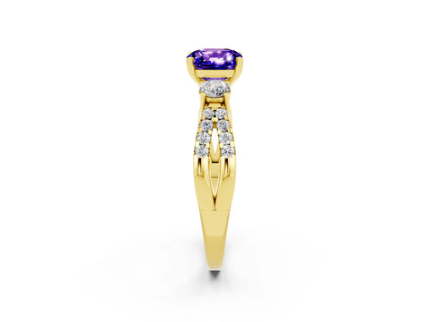 Yellow gold Cushion Cut Tanzanite Three-Stone Ring with Pavé Split Shank and Four-Prong Setting_14