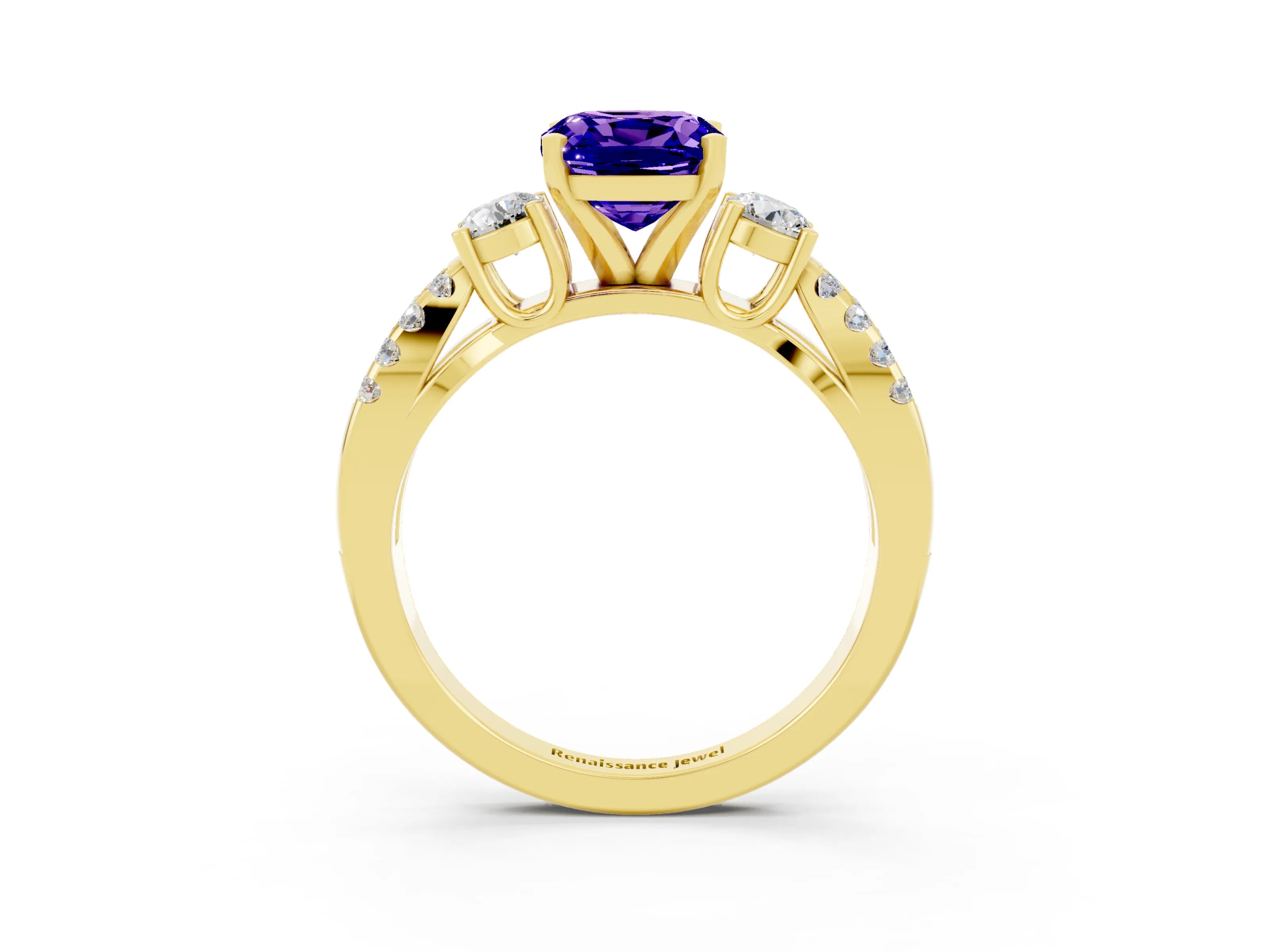 Yellow gold Cushion Cut Tanzanite Three-Stone Ring with Pavé Split Shank and Four-Prong Setting_15