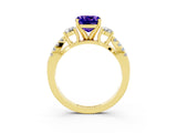 Yellow gold Cushion Cut Tanzanite Three-Stone Ring with Pavé Split Shank and Four-Prong Setting_15
