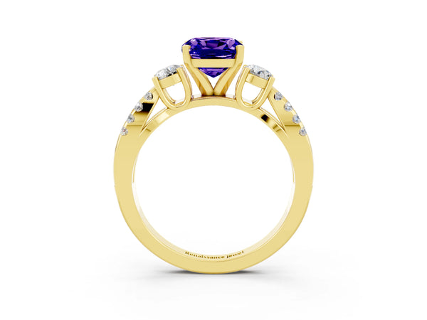 Yellow gold Cushion Cut Tanzanite Three-Stone Ring with Pavé Split Shank and Four-Prong Setting