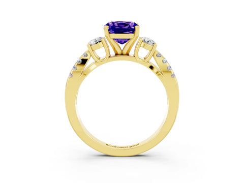 Yellow gold Cushion Cut Tanzanite Three-Stone Ring with Pavé Split Shank and Four-Prong Setting_15