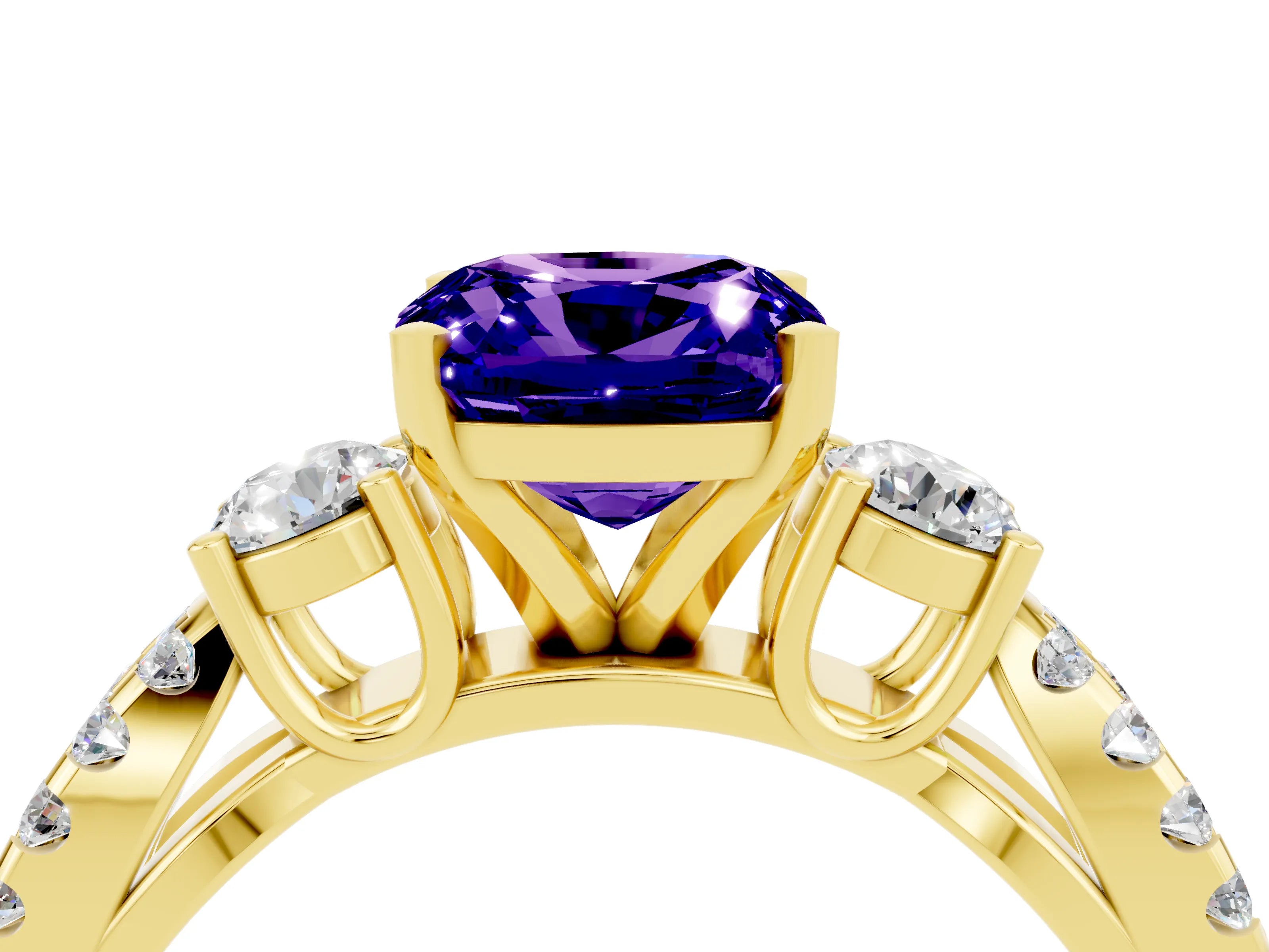 Yellow gold Cushion Cut Tanzanite Three-Stone Ring with Pavé Split Shank and Four-Prong Setting_16