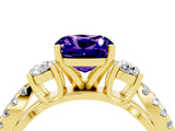 Yellow gold Cushion Cut Tanzanite Three-Stone Ring with Pavé Split Shank and Four-Prong Setting_16