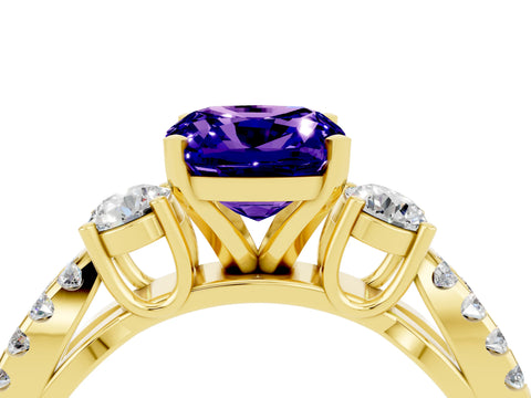 Yellow gold Cushion Cut Tanzanite Three-Stone Ring with Pavé Split Shank and Four-Prong Setting_16