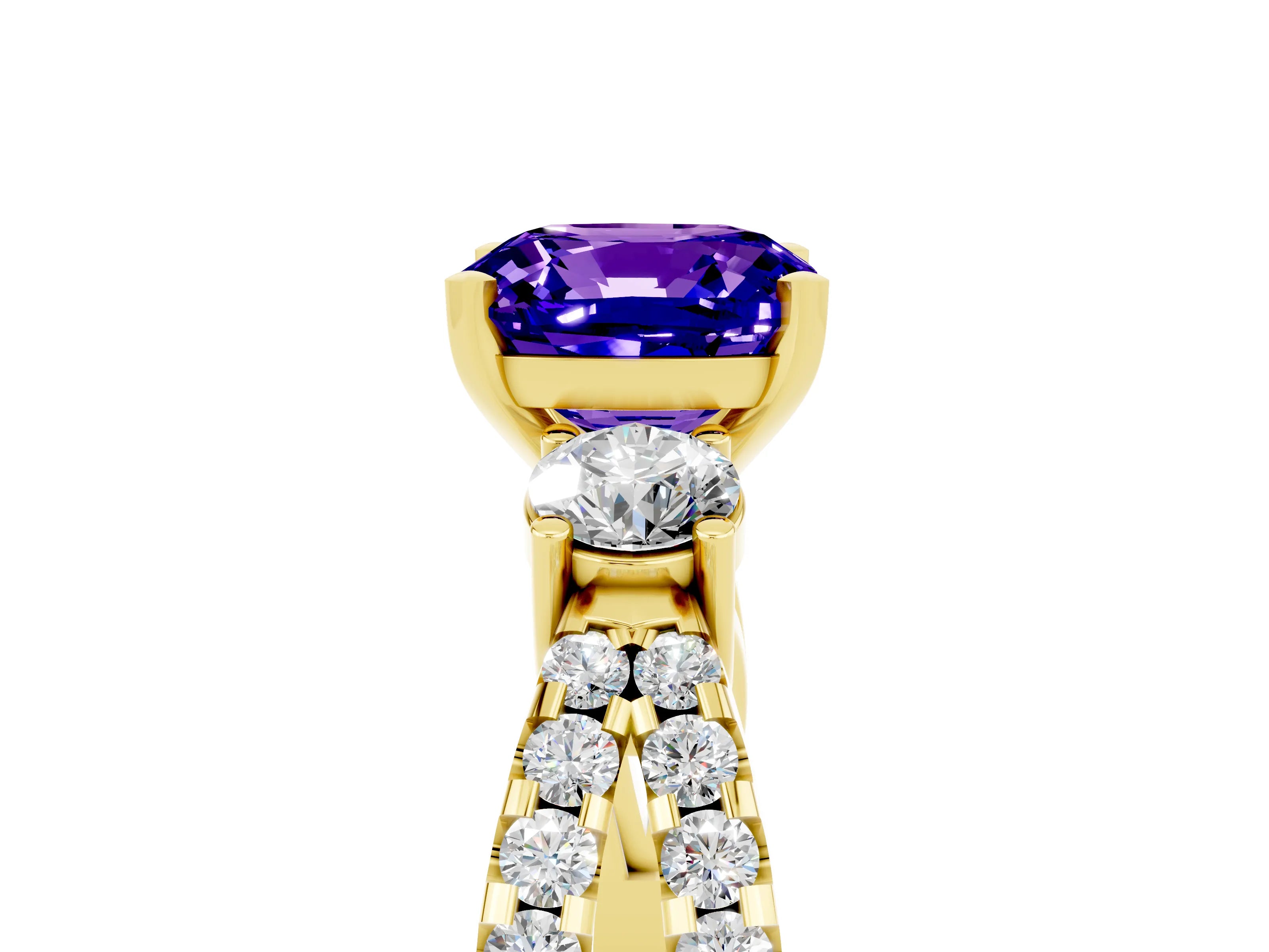 Yellow gold Cushion Cut Tanzanite Three-Stone Ring with Pavé Split Shank and Four-Prong Setting_17