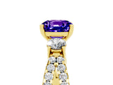 Yellow gold Cushion Cut Tanzanite Three-Stone Ring with Pavé Split Shank and Four-Prong Setting_17