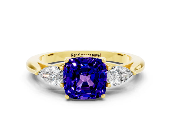 Yellow gold Cushion Cut Tanzanite Three-Stone Ring with Pear  Side Stones and Prong Setting